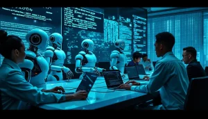 Ludzie i humanoidalne roboty współpracują w futurystycznym biurze z niebieskimi neonami