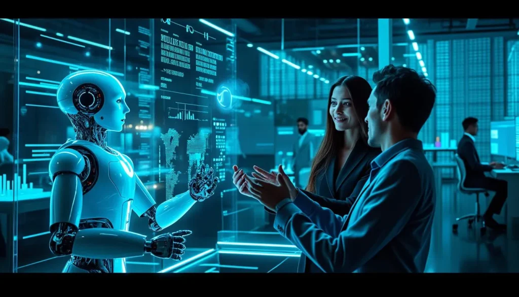 Humanoidalny robot współpracuje z ludźmi w nowoczesnym biurze pełnym hologramów i wykresów