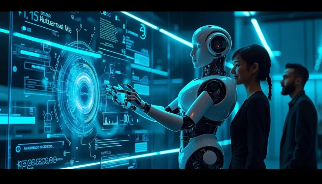 Humanoidalny robot pomaga zespołowi w nowoczesnym biurze z holograficznymi wyświetlaczami i niebieskimi neonami