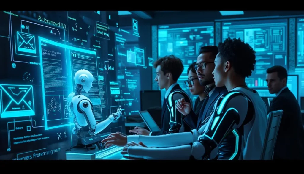 Zespół ludzi i robotów pracuje przy nowoczesnych stanowiskach z hologramami danych w biurze