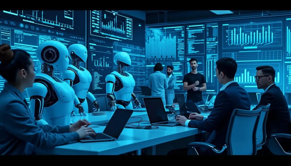 humanoidalne roboty i ludzie współpracują w nowoczesnym biurze z niebieskimi ekranami i wykresami AI