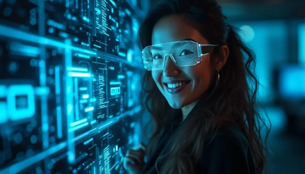 Kobieta w futurystycznym biurze korzysta z zaawansowanej technologii AI