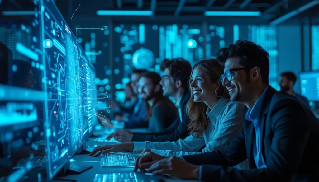 grupa profesjonalistów przy holograficznych ekranach z wyszukiwarkami ai w neonowym niebieskim świetle