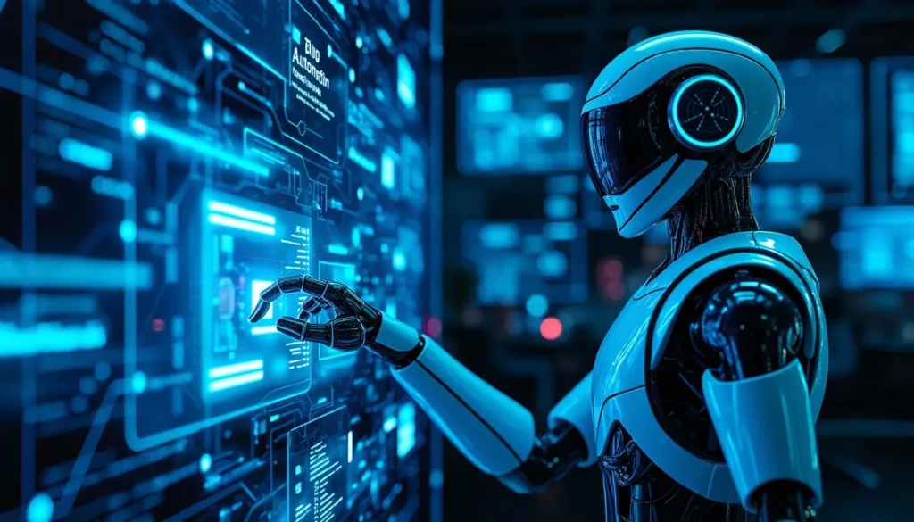 Humanoidalny robot przy przezroczystym ekranie dotykowym z hologramami bloga w futurystycznym biurze pełnym niebieskich neonowych sieci