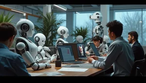 Ludzie i humanoidalne roboty współpracują przy komputerach w nowoczesnym biurze