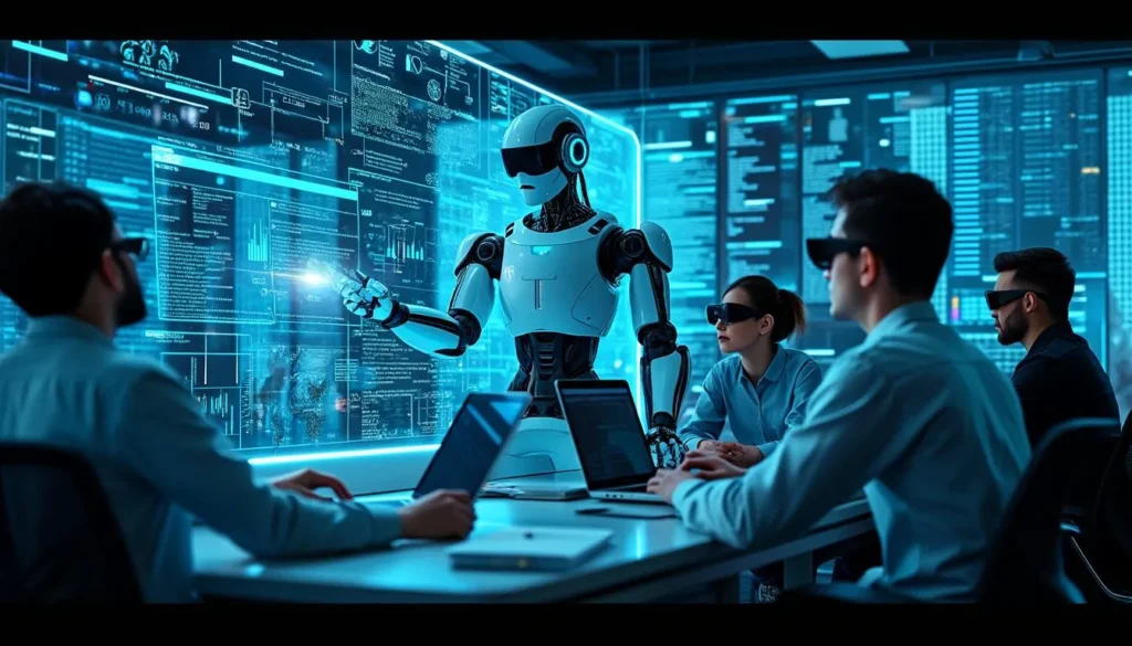 Humanoid robot analizuje dane na hologramie w futurystycznym biurze z zespołem ludzi przy stanowiskach pracy