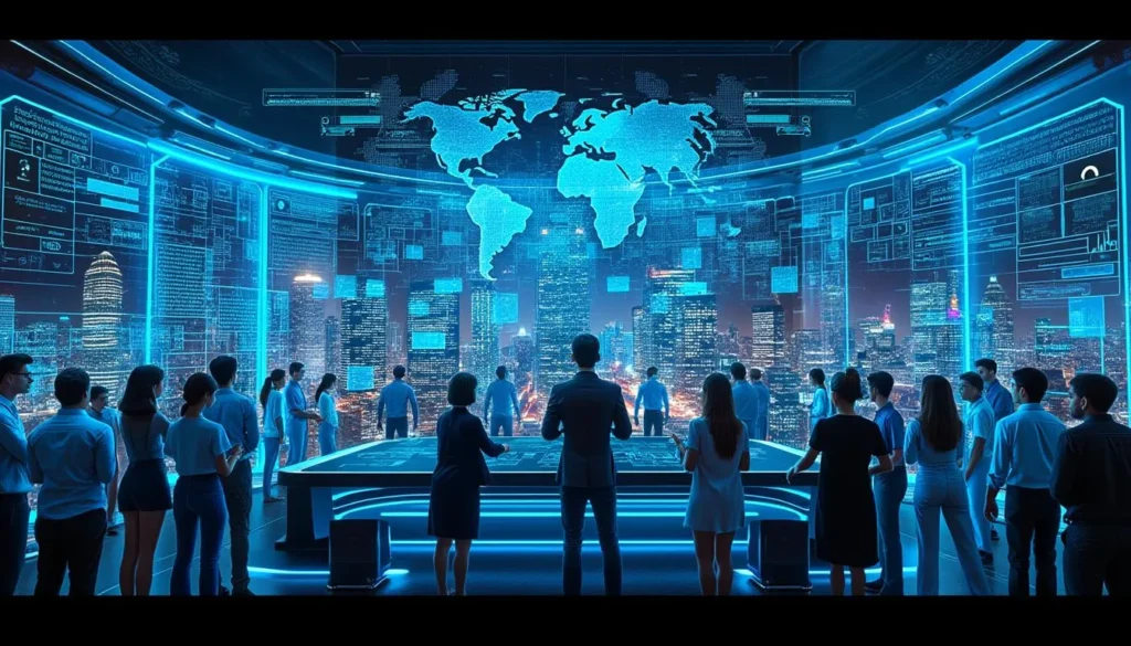 grupa ludzi i robotów analizuje dane na holograficznych ekranach w nowoczesnej sali kontrolnej z widokiem na miasto