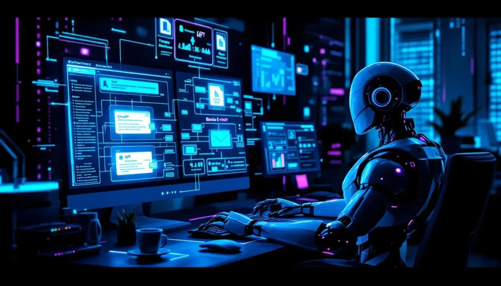 Humanoidalny robot przy biurku pracuje na ekranach z workflow AI