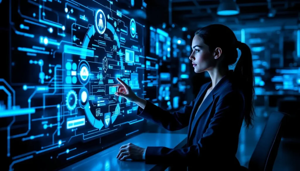 Kobieta integrator AI pracuje przy holograficznych ekranach w futurystycznym biurze