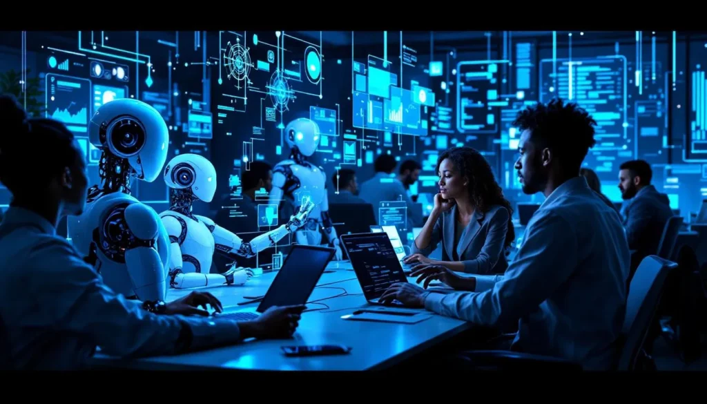 Ludzie i humanoidalne roboty współpracują w futurystycznym biurze z niebieskimi neonami i hologramami