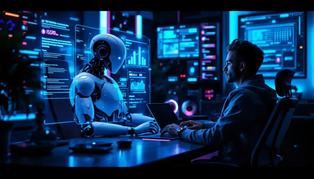 Humanoid robot and human copywriter working together at modern desk with holographic screen in neon-lit office