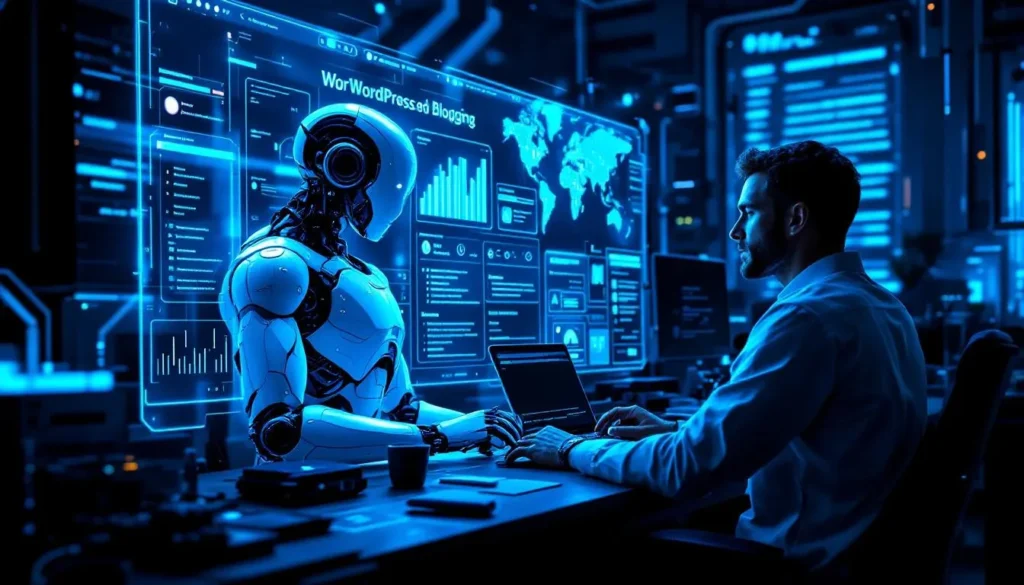 robot i człowiek współpracują przy holograficznym panelu wordpress