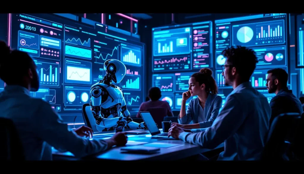 Zespół ludzi i robotów analizuje holograficzne ekrany z danymi social media w futurystycznym biurze