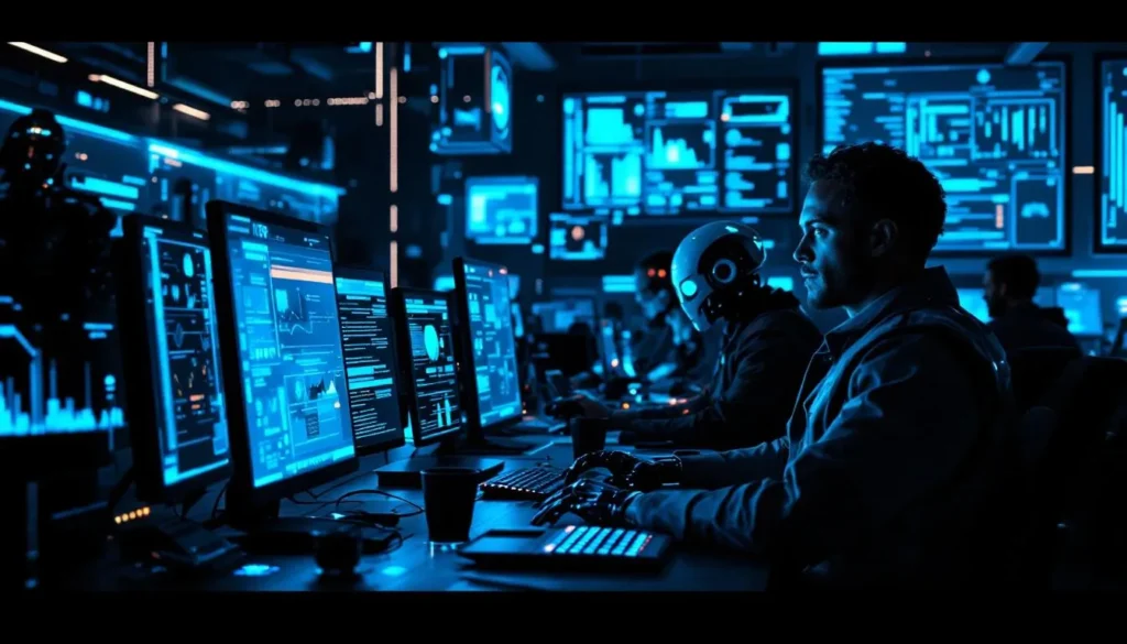 Ludzie i humanoidalne roboty współpracują przy holograficznych ekranach w futurystycznym biurze z niebieskim neonowym oświetleniem