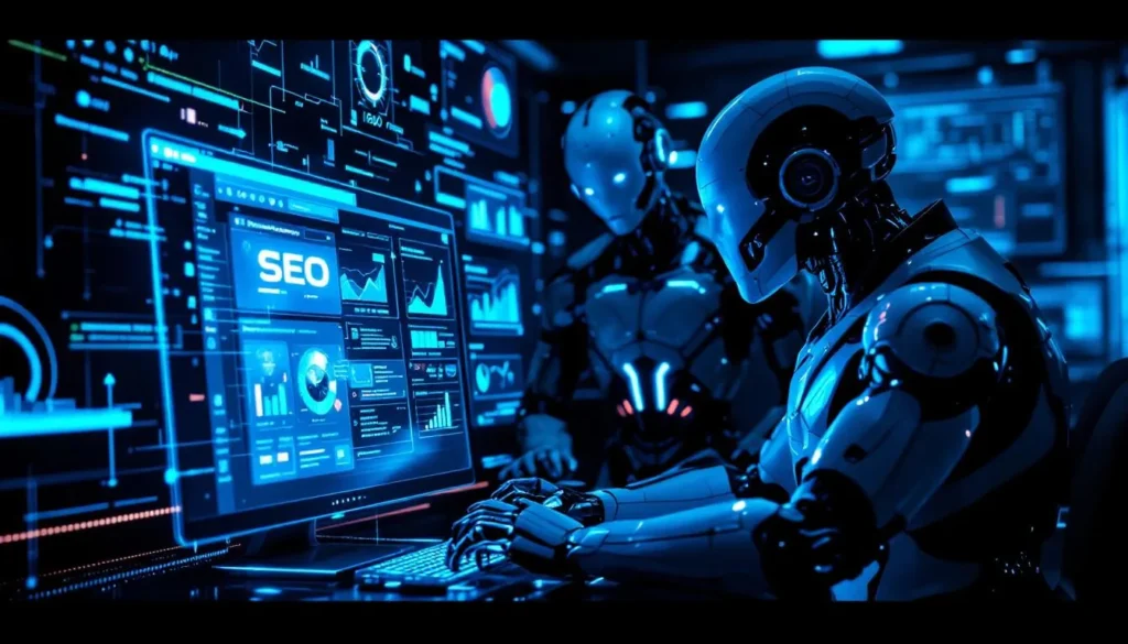 Człowiek i robot analizują dane SEO na ekranie w futurystycznym biurze
