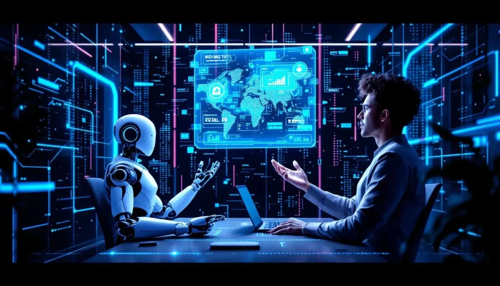 humanoidalne roboty i ludzie analizują hologram strony internetowej w futurystycznym biurze z niebieskimi neonami