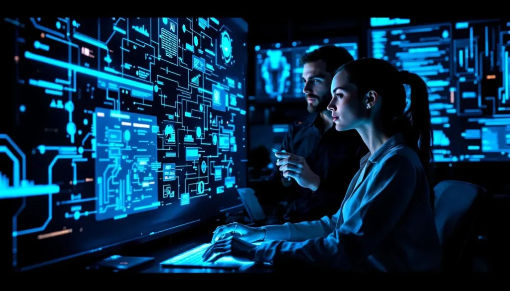 Dwoje specjalistów od automatyzacji AI współpracuje przy cyfrowym interfejsie z mapami procesów i algorytmami w futurystycznym biurze