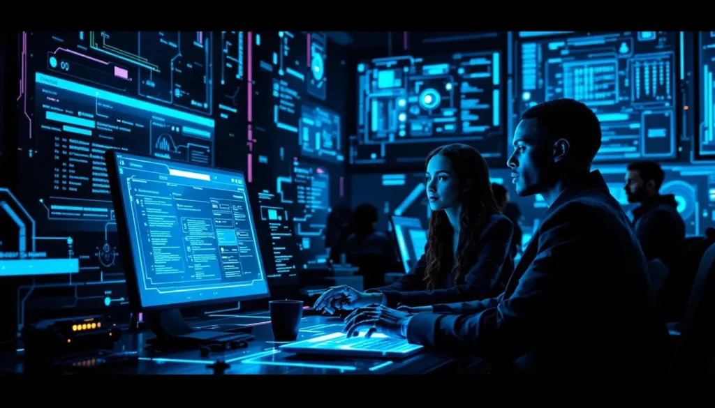 Zespół ludzi i humanoidalny robot pracują razem przy holograficznych ekranach w futurystycznym biurze