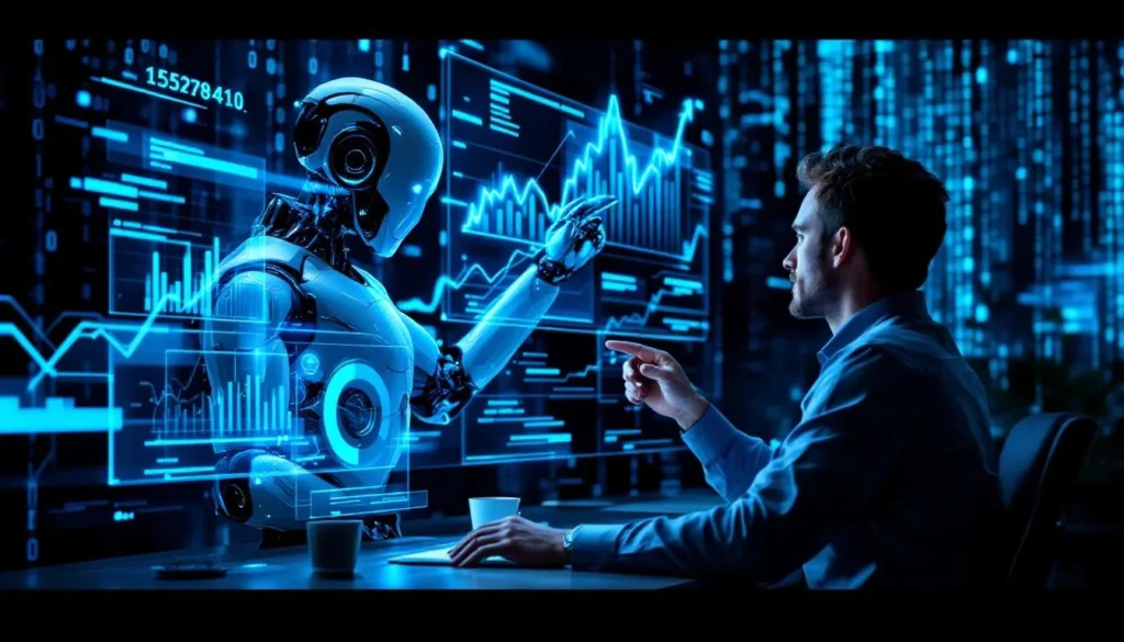 Człowiek i humanoidalny robot analizują dane na holograficznych ekranach w futurystycznym biurze