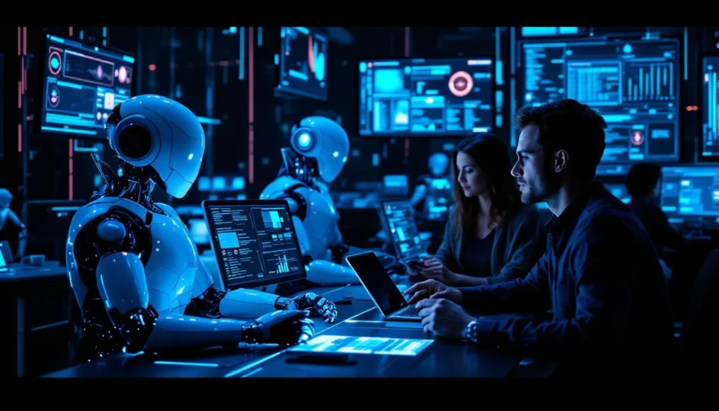 Ludzie i humanoidalne roboty współpracują przy komputerach w futurystycznym biurze pełnym niebieskich ekranów