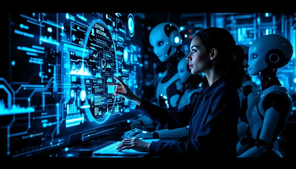 Kobieta i roboty współpracują przy holograficznych danych w futurystycznym biurze