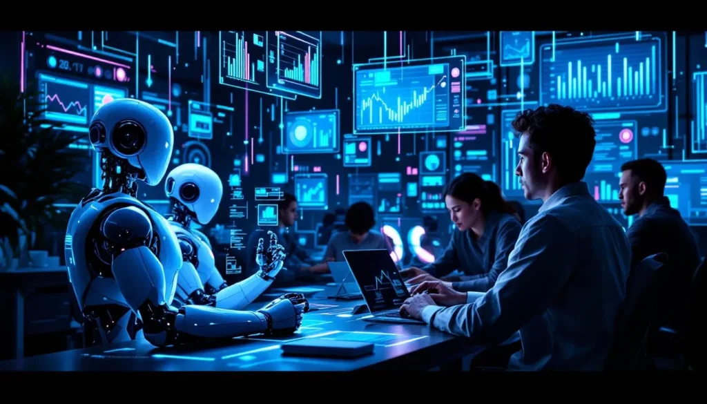 Humanoidalne roboty i ludzie analizują dane marketingowe na holograficznych ekranach w futurystycznym biurze z niebieskimi neonami