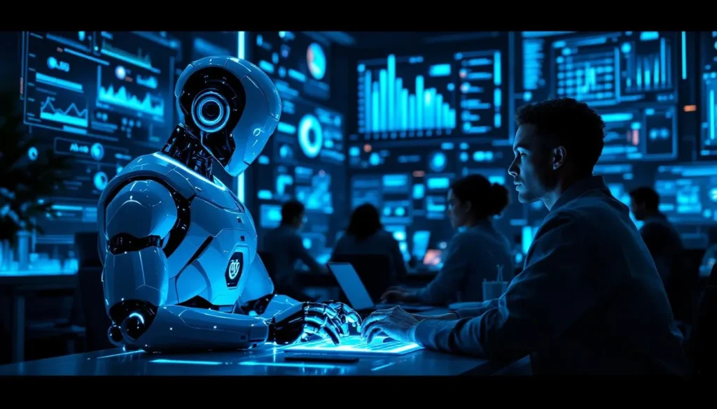 nowoczesne biuro z humanoidalnym robotem i zespołem ludzi analizujących dane na holograficznych ekranach