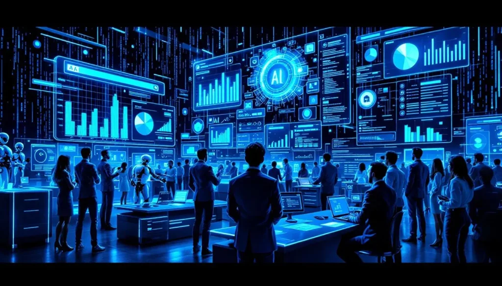 nowoczesne biuro z humanoidalnymi robotami i ekspertami przy ekranach z danymi ai