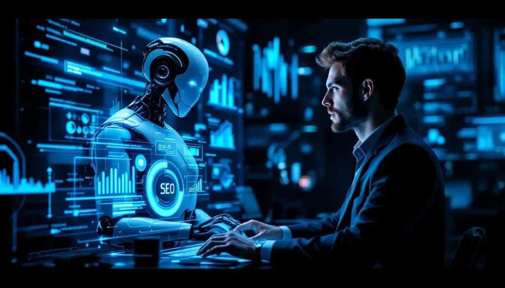Człowiek i humanoidalny robot analizują dane SEO na futurystycznych ekranach