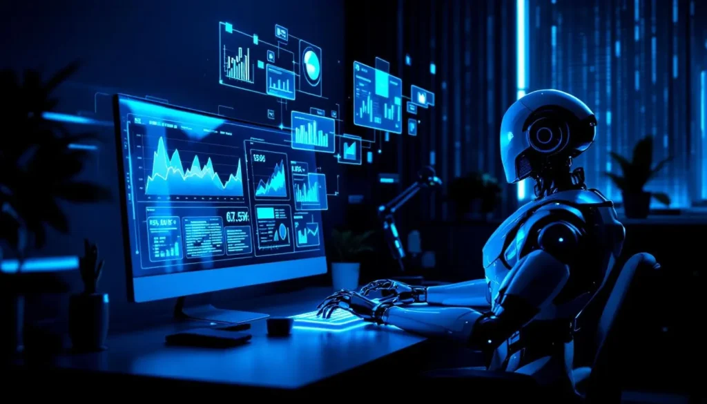 Humanoid robot analizuje dane bloga i social media przy futurystycznym biurku