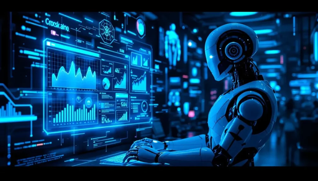 Robot analizuje hologram z wykresami spadku blogów firmowych w futurystycznym biurze