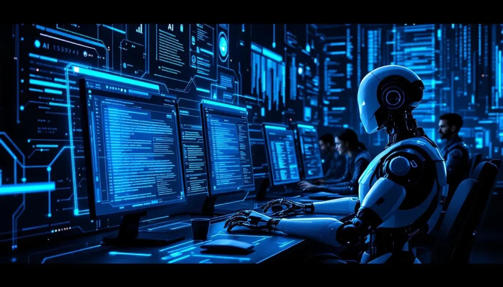 humanoidalne roboty i ludzie analizują treści na futurystycznym stanowisku komputerowym z neonowymi niebieskimi interfejsami