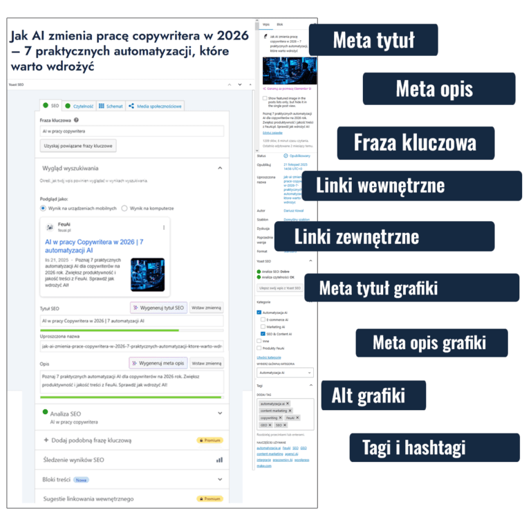 Panel SEO artykułu blogowego wygenerowanego przez Bloger AI Pro – meta tytuł, meta opis, frazy kluczowe, linki i optymalizacja treści