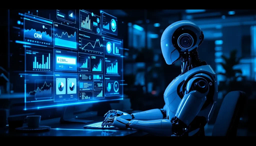 Humanoidalny robot zarządza cyfrowym biurem z holograficznymi ekranami