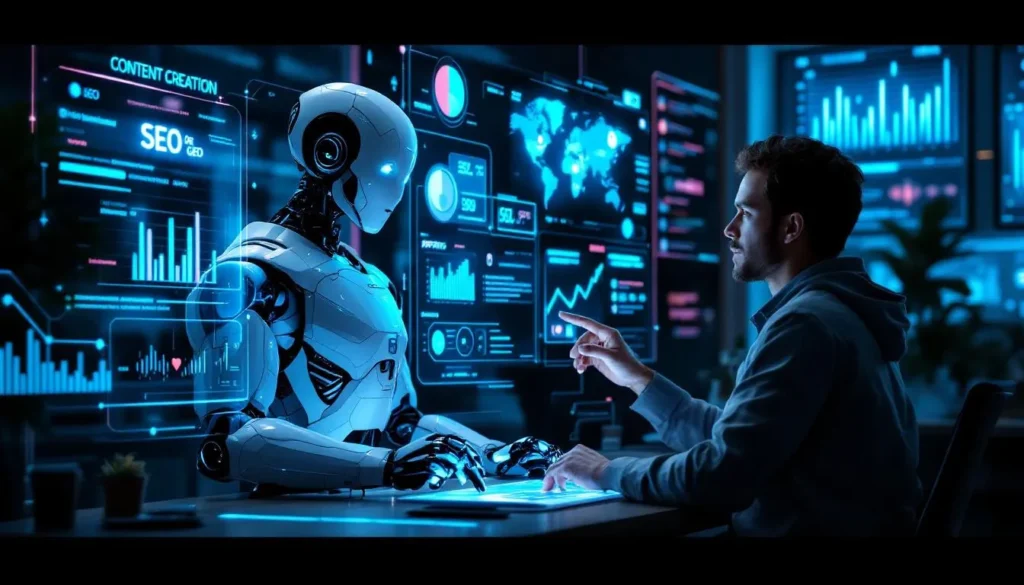 Człowiek i robot współpracują w futurystycznym biurze z hologramami danych marketingowych