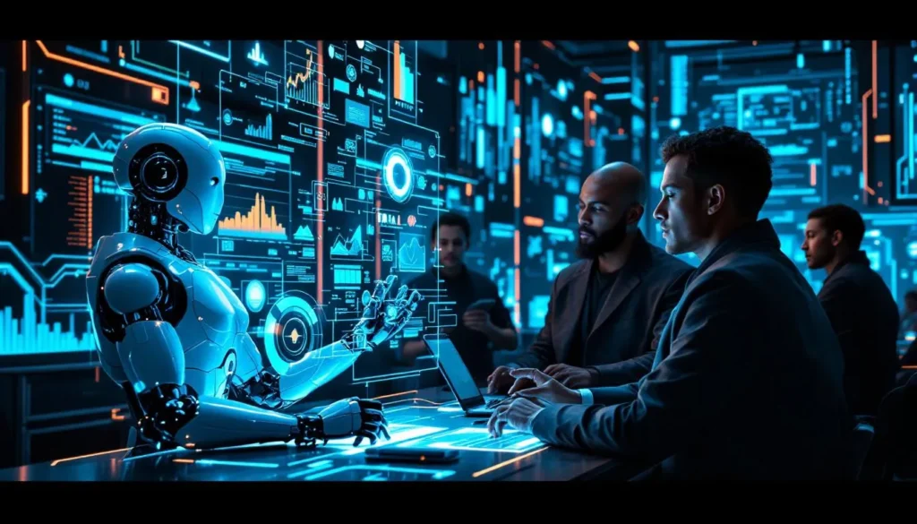 Roboty humanoidalne i ludzie analizują dane na holograficznych ekranach w futurystycznym biurze e-commerce