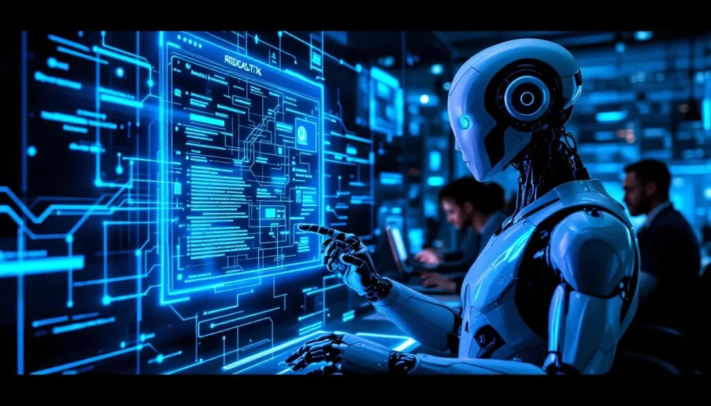 robot analizuje hologram strony internetowej w nowoczesnym biurze z zespołem specjalistów SEO