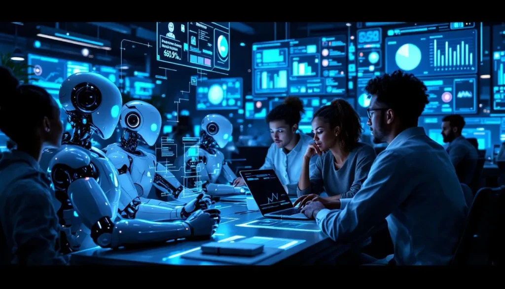 ludzie i humanoidalne roboty współpracują przy holograficznych ekranach w futurystycznym biurze e-commerce