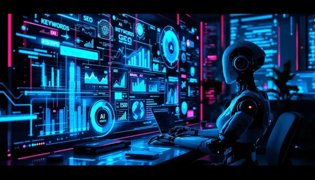 człowiek i humanoidalny robot współpracują przy przezroczystym ekranie z hologramami słów kluczowych i algorytmów