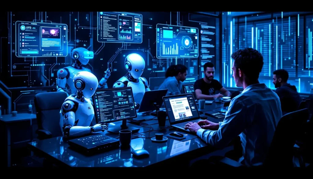 Ludzie i roboty współpracują przy komputerach w futurystycznym biurze z neonowymi światłami