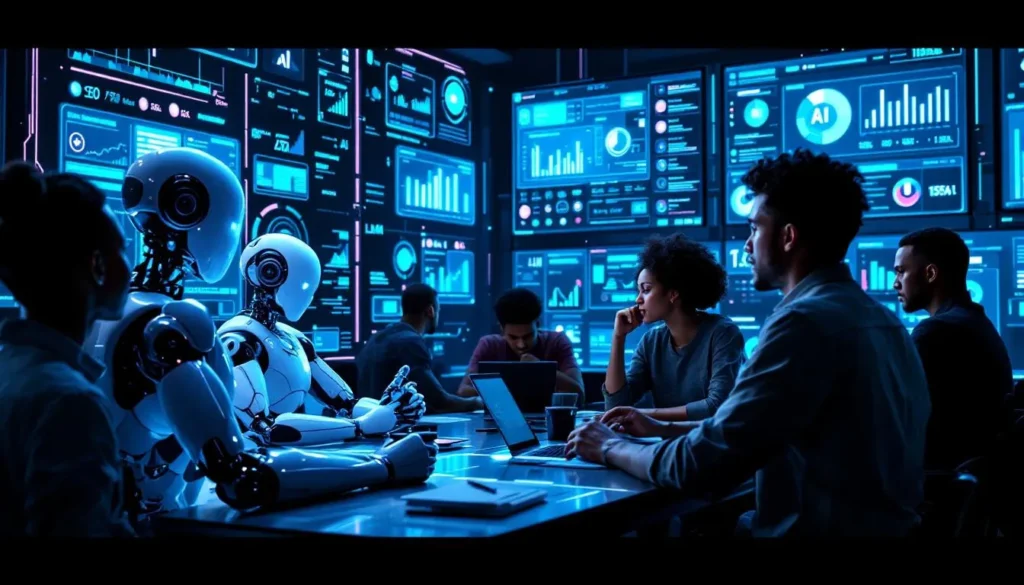 Ludzie i roboty współpracują przy tworzeniu treści w futurystycznym centrum z hologramami SEO