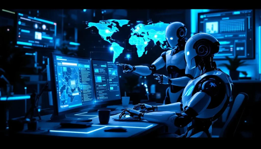 Humanoidalne roboty współpracują w futurystycznym biurze przy komputerach i hologramach SEO