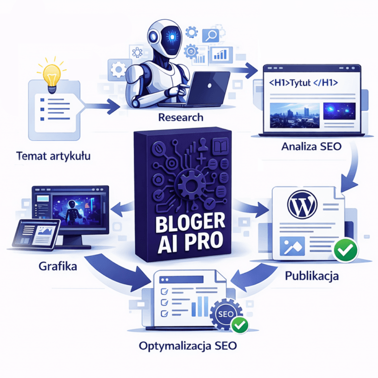 Infografika pokazująca proces automatyzacji bloga przez Bloger AI Pro: temat artykułu, research, analiza SEO, tworzenie grafiki, optymalizacja SEO i publikacja w WordPressie