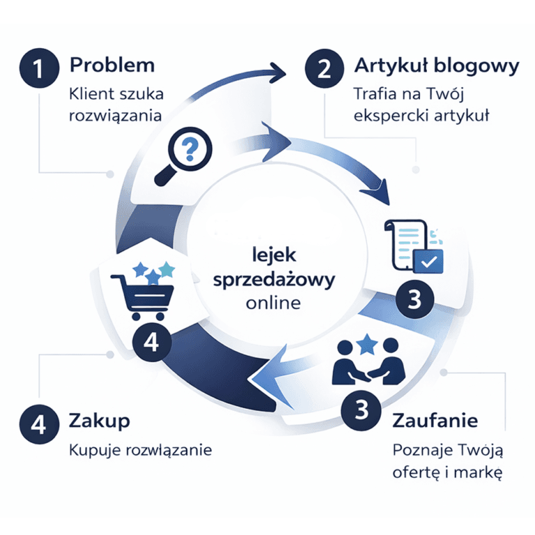 Infografika przedstawiająca lejek sprzedażowy: problem klienta, artykuł blogowy, zaufanie do marki i zakup rozwiązania