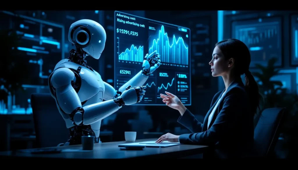 Robot i bizneswoman analizują holograficzne wykresy kosztów reklamy w futurystycznym biurze