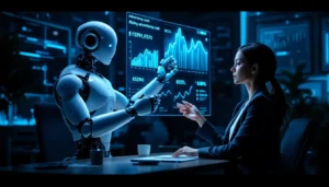 Robot i bizneswoman analizują holograficzne wykresy kosztów reklamy w futurystycznym biurze