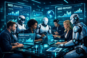 Ludzie i humanoidalne roboty współpracują przy tworzeniu treści w futurystycznym biurze pełnym ekranów z danymi SEO