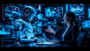 Humanoid robot i kobieta w okularach pracują razem przy holograficznych ekranach w nowoczesnym biurze