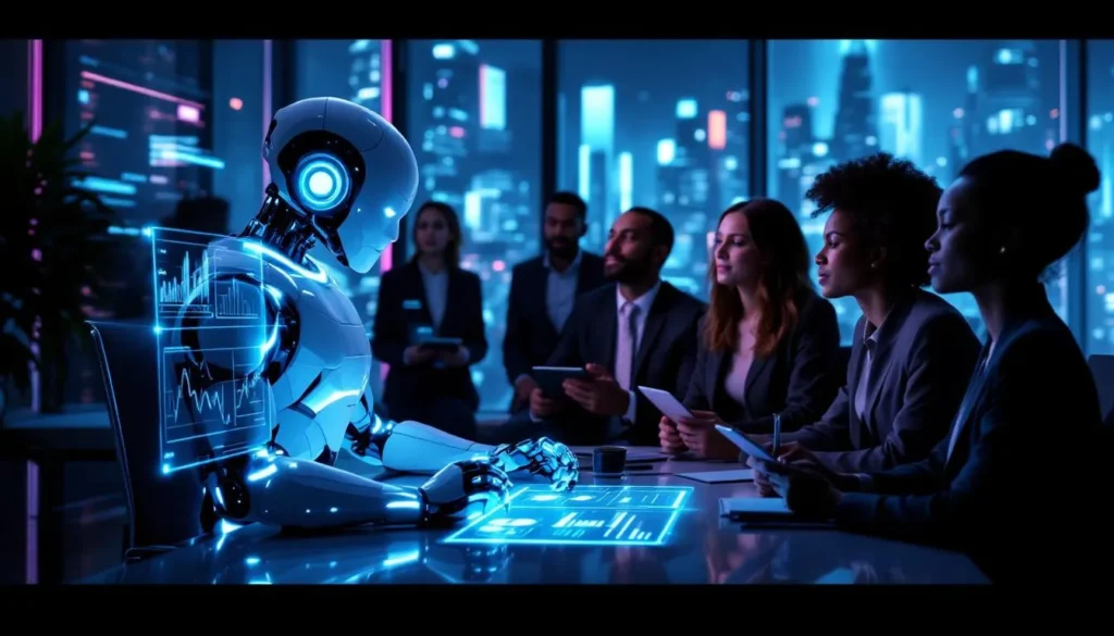 Humanoidalny robot analizuje dane na holograficznym ekranie wśród profesjonalistów biznesowych w futurystycznym biurze z widokiem na miasto