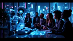 Humanoidalny robot analizuje dane na holograficznym ekranie wśród profesjonalistów biznesowych w futurystycznym biurze z widokiem na miasto